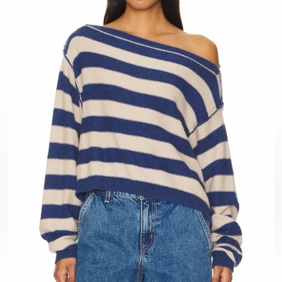 We The Free Sweaters - We The Free Off-Shoulder Sweater in Navy and Beige